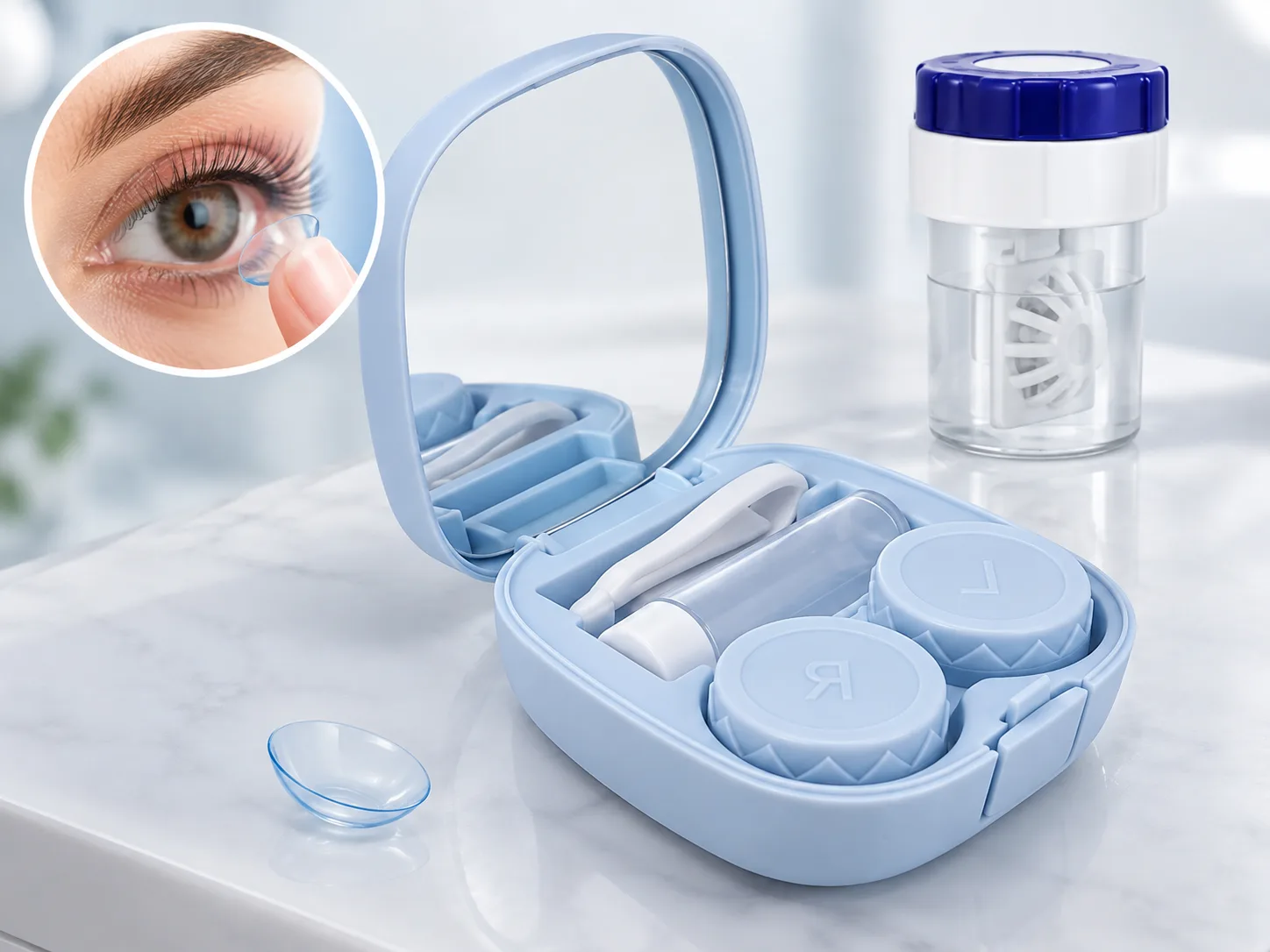 Lentes de contato e estojo sobre balcão da Cass Vision Óptica